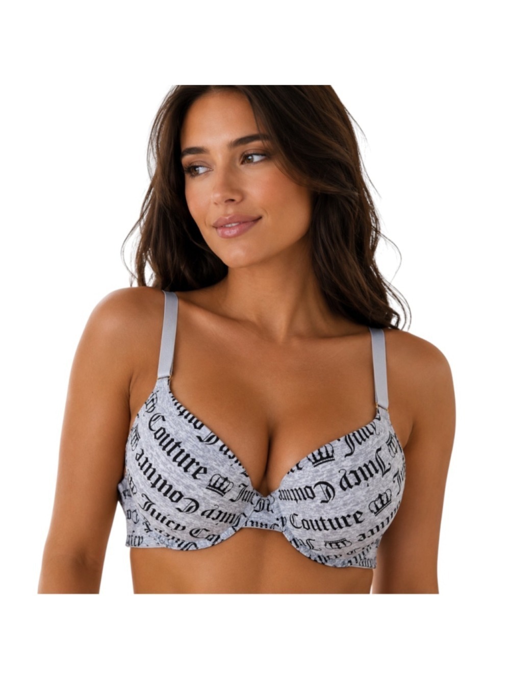 Juicy Couture Gray Black Logo Print T-Shirt Bra 36B Underwire Padded